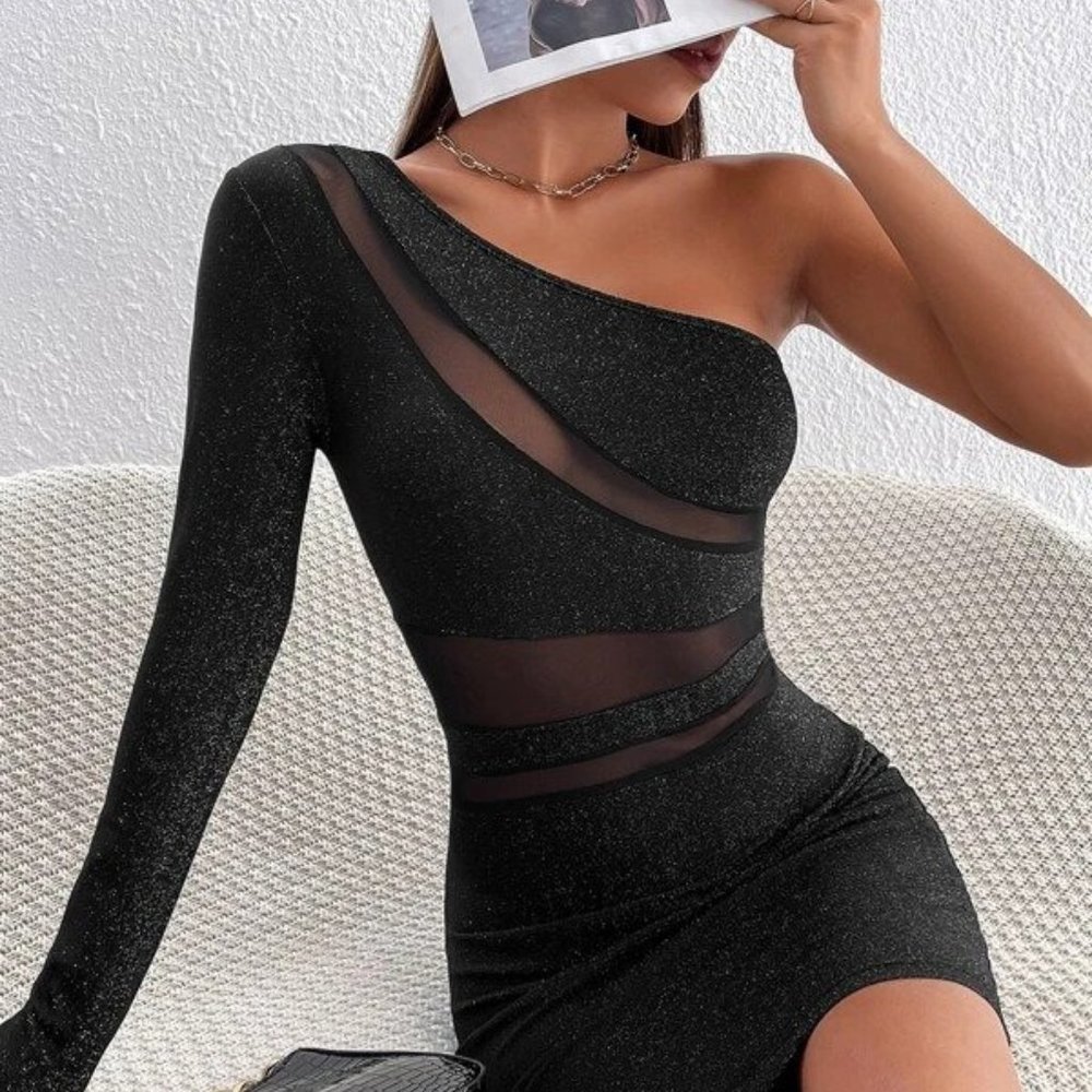 Black One Shoulder Mesh Bodycon Dress